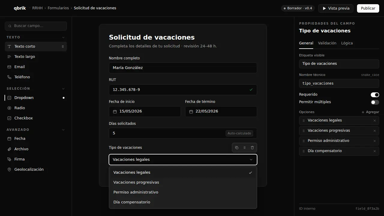 Form builder de Qbrik con campos drag & drop, validaciones y preview en vivo