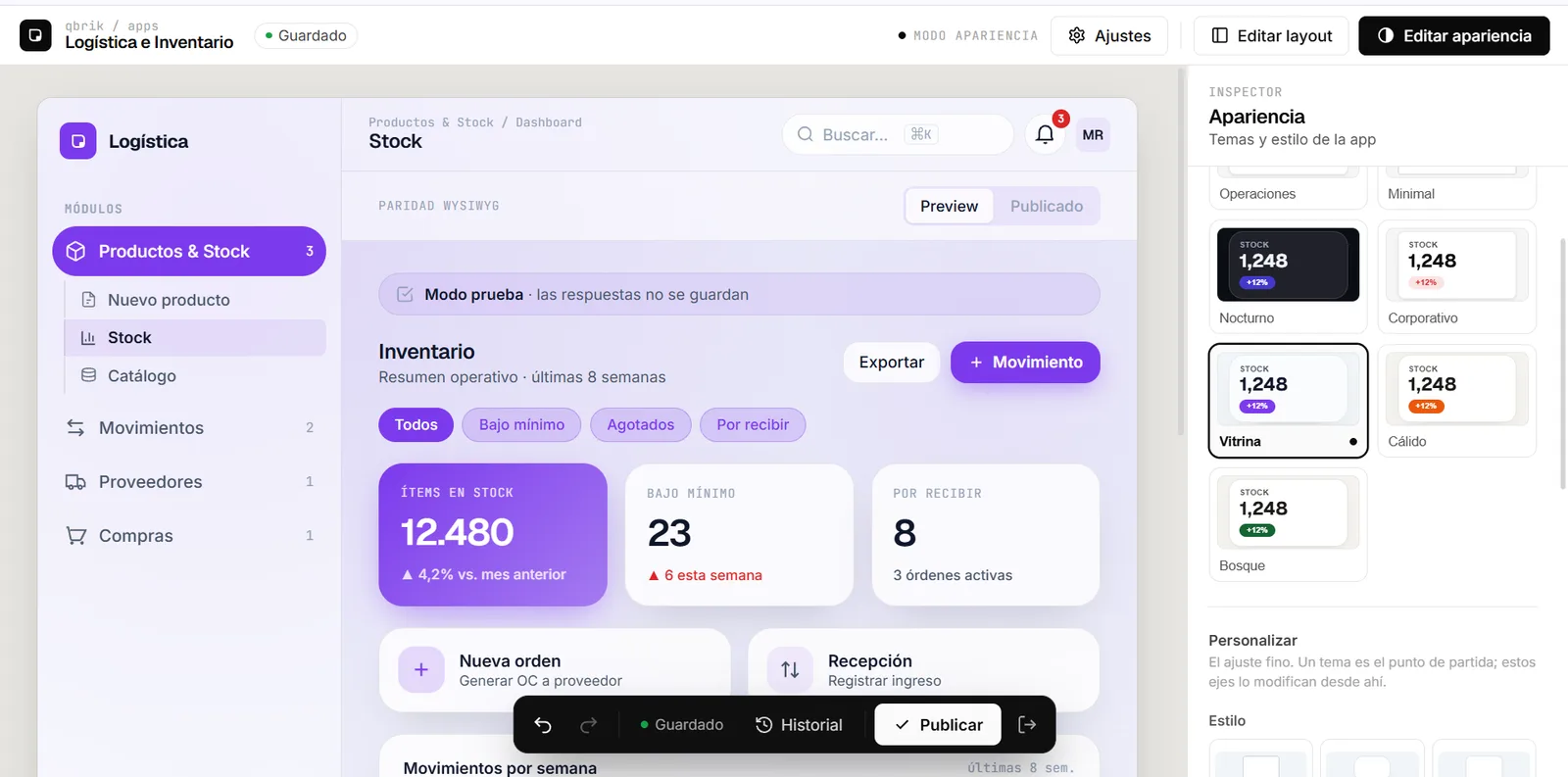 Editor de apariencia de una app de logística: la vista de inventario con tema aplicado y un inspector lateral con temas ya armados para elegir.